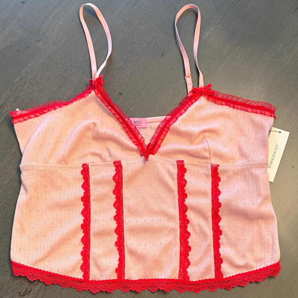 miami Pink and Red Lace Trim Sleep Chemise Top